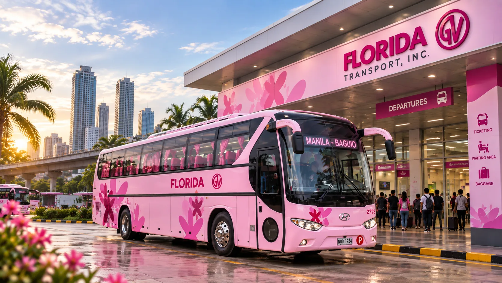 A pink GV Florida Transport bus signed Manila–Baguio parked at the departures canopy of a Florida bus terminal.